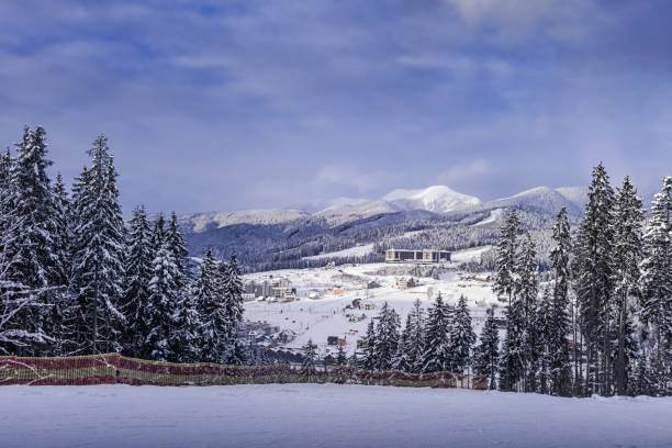 우크라이나 산악 마을과 스키 리조트의 전망 - eastern europe mountain range mountain village 뉴스 사진 이미지