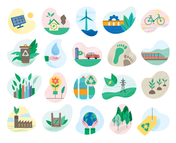 ilustraciones, imágenes clip art, dibujos animados e iconos de stock de conjunto de símbolos ecológicos - sostenibilidad