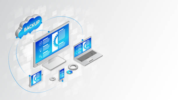 Copying and saving data to a computer, laptop, smartphone, tablet. Database synchronize Technology Copying and saving data to a computer, laptop, smartphone, tablet. Database synchronize Technology. Backup design concept. Cloud service vector illustration. synchronize stock illustrations