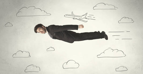 istock Cheerful business person flying between hand drawn sky clouds 1199437088