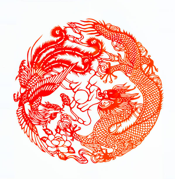 Chinese traditional paper cutting，Dragon, phoenix, double happiness pattern