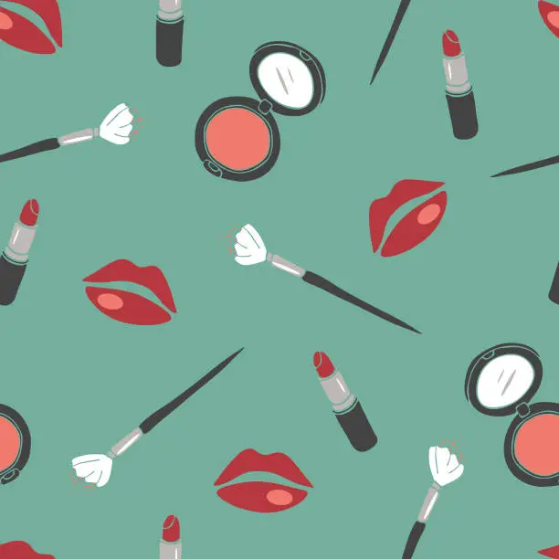 Vector illustration of Seamless vector pattern with make up on blue background. Beauty  products. Cute fashion wallpaper design.