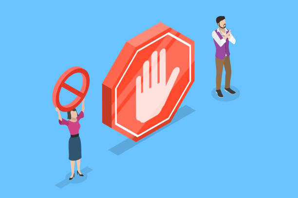 ilustrações de stock, clip art, desenhos animados e ícones de isometric flat vector concept of. prohibited or no enter sign. - human hand stop gesture stop sign isometric