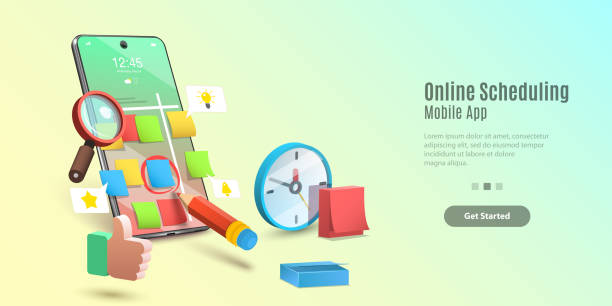 Concept of Mobile Scheduling App, Time Management Application. Concept of Mobile Scheduling App, Time Management Application. Vector Template For Web Banner or Website Landing Page. employee month stock illustrations