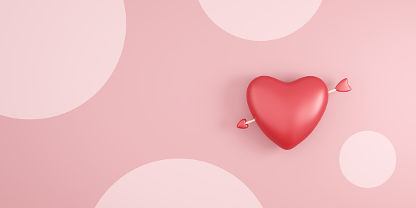 Corazón rojo y flecha cupido sobre fondo de lunares rosas con el festival del día de San Valentín. Corazón romántico para el estilo de fiesta de decoración de la boda. Renderizado 3D. photo