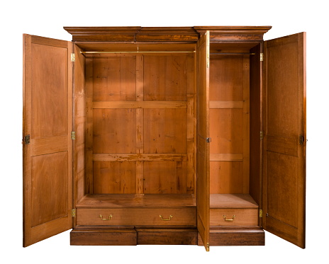 antique mahogany wardrobe open isolated on white