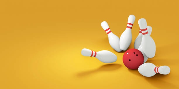 istock Red bowling ball striking against pins. 3d render 1199441655