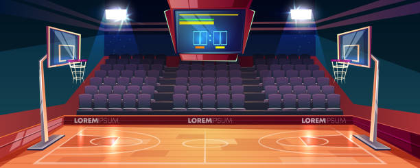 Empty basketball court cartoon vector illustration Basketball court with wooden floor, scoreboard on ceiling and empty fan sector seats cartoon vector illustration. Modern indoor stadium illuminated with spotlights. Sports arena or hall for team games scoreboard stadium sport seat stock illustrations