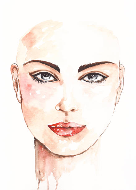 ilustrações de stock, clip art, desenhos animados e ícones de watercolor woman portrait, beauty and fashion - mulher careca