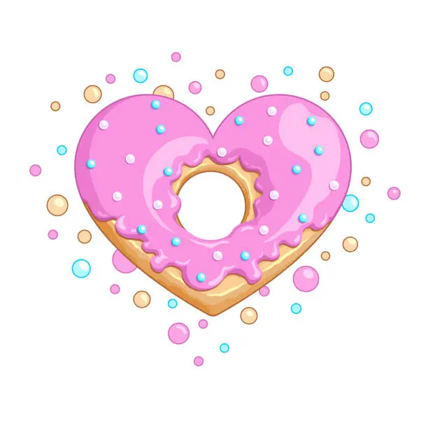 Vector illustration of Donut Heart colorful vector illustration. Isolated on white. For clothes and graphic design, prints, posters, package, stickers, greeting cards, menu and invitations