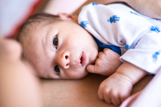 istock Newborn baby boy resting on mother's breasts 1199446191
