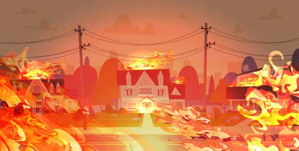 Vector illustration of dangerous wildfire on street with burning civil houses fire development global warming natural disaster concept intense orange flames horizontal
