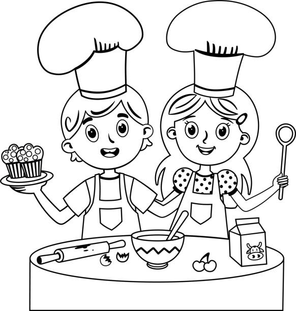 ilustraciones, imágenes clip art, dibujos animados e iconos de stock de chefs adolescentes en blanco y negro - niña y niño libro para colorear