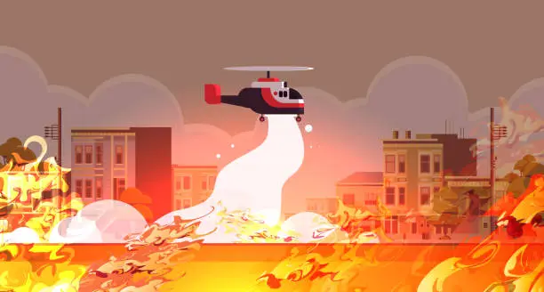 Vector illustration of helicopter extinguishes dangerous fire aerial firefighting natural disaster concept intense orange flames city street cityscape background horizontal