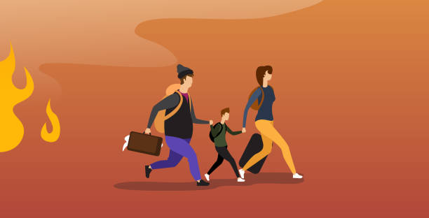 australian family running from forest fires in australia parents and child with baggage evacuation wildfire bushfire natural disaster concept intense orange flames horizontal full length australian family running from forest fires in australia parents and child with baggage evacuation wildfire bushfire natural disaster concept intense orange flames horizontal full length vector illustration wildfire smoke stock illustrations