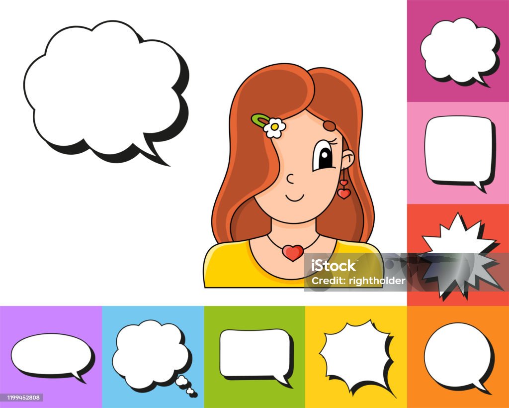 Set Of Speech Bubbles Of Different Shapes With A Cute Cartoon Character  Beautiful Cute Fashionable Girl With Jewelry Vector Illustration Comic  Style Stock Illustration - Download Image Now - iStock