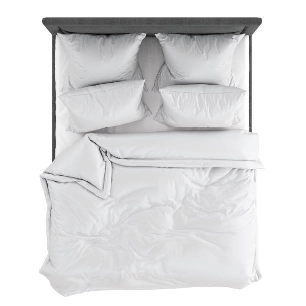 istock Gray soft double bed with fabric upholstery and white bedding on a white background. Top view. 3d rendering. 1199454451