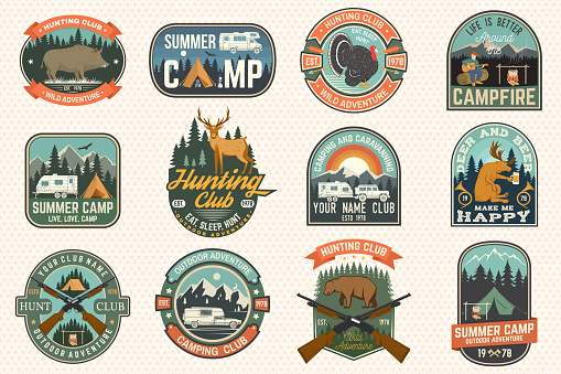 Summer camp and Hunting club patches. Vector. Concept for shirt or emblem, print, stamp, patch or tee. Patch design with rv trailer, camping tent, campfire, hunter, man with guitar and forest silhouette