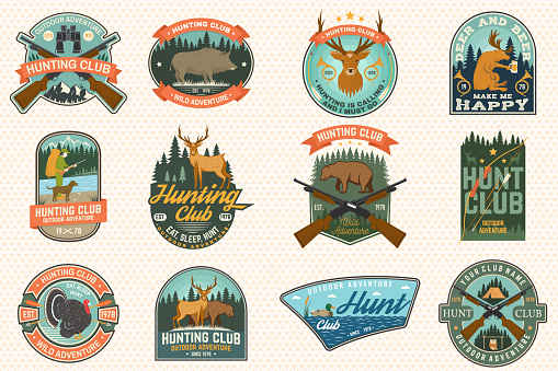 Set of Hunting club badge. Vector Concept for shirt, label, print, stamp, patch. Vintage typography design with hunting gun, boar, hunter, bear, deer, duck and forest. Outdoor hunt club emblem
