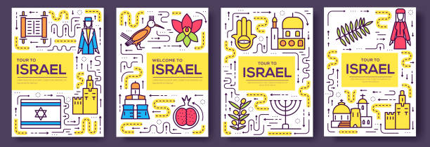 ilustrações, clipart, desenhos animados e ícones de israel vetor brochura cartões linha fina definida - jerusalem judaism david tower