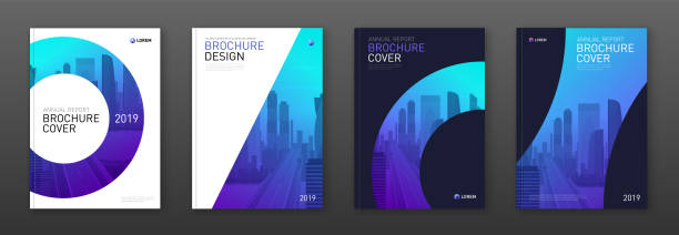 Brochure cover design layout set for business Brochure cover design layout set for business and construction. Abstract geometry with coloured cityscape vector illustration on background. Good for annual report, industrial catalog design. cover templates stock illustrations