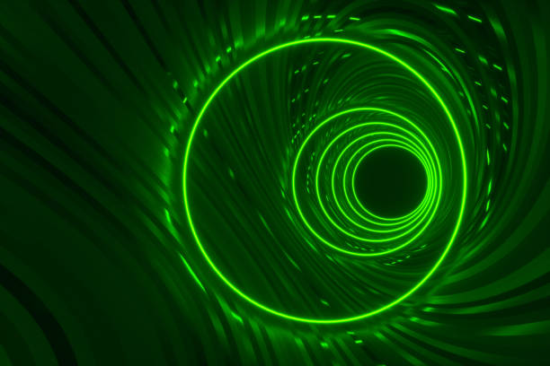 istock Round tunnel with reflective walls and neon circle illumination 3D Illustration 1199456515