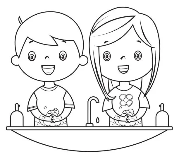 Vector illustration of Coloring Book, Children hand washing