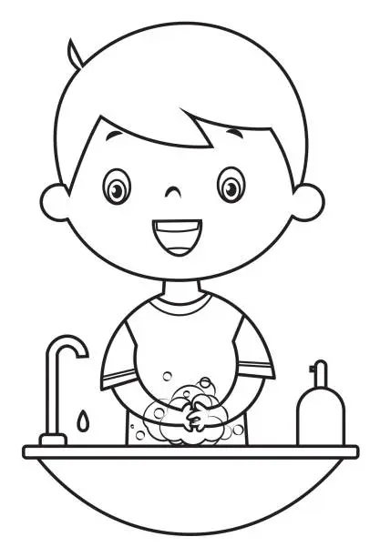 Vector illustration of Coloring Book, Boy washing hands