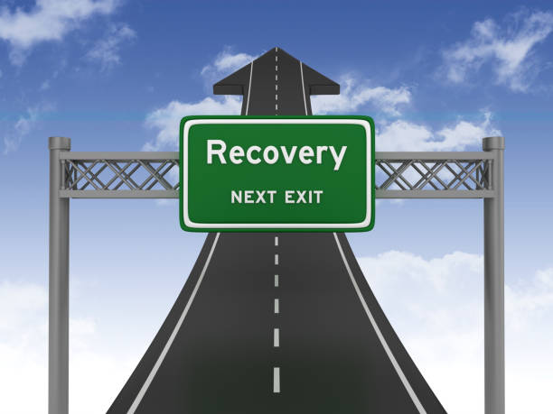 istock Road Arrow with RECOVERY Highway Sign on Sky - 3D Rendering 1199459548