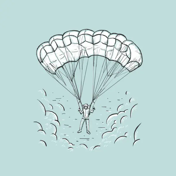 Vector illustration of Sketch vector color illustration with hand drawn skydiver flying with a parachute