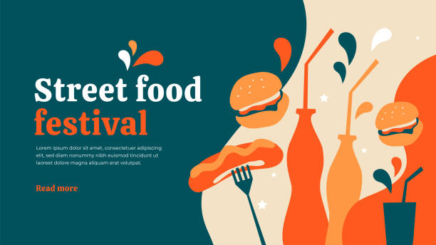 Street food festival template Vector illustration with hot dog sausages, burgers and drink. Street Food Festival concept design, poster or layout. Fast food store on wheels, cart. Template for banner, flyer, menu, bbq, truck, cafe flyer leaflet illustrations stock illustrations