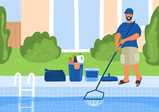 Vector illustration of Pool maintenance. Swimming pool cleaner