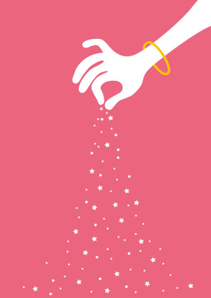 Hand Pouring Stars Vector Illustration of a Cartoon Hand Pouring Stars over a Pink Background. Vertical Poster Format. magical equipment stock illustrations