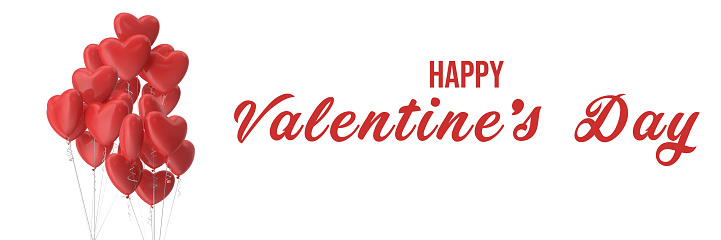 Hand written Happy Valentine's Day text on white background with isolated 3D red balloon objects. Text can be cropped and replaced with your own text easily.