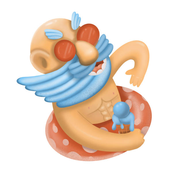 istock Cheerful bearded man with a swimming circle and ice cream on a white background, illustration 1199466906