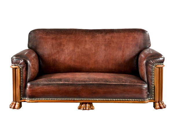 Antique old vintage brown leather cushioned couch sofa