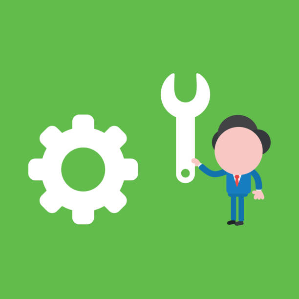 istock Vector illustration of businessman character with gear and holding spanner on green background. 1199467401