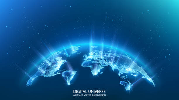 행성의지도. 에너지의 광선.  세계 지도. 글로벌 소셜 네트워크. 미래. 벡터. 행성 지구와 푸른 미래 지향적 배경입니다. 인터넷과 기술. 파란색 신경총 기하학적 배경부동. - future stock illustrations