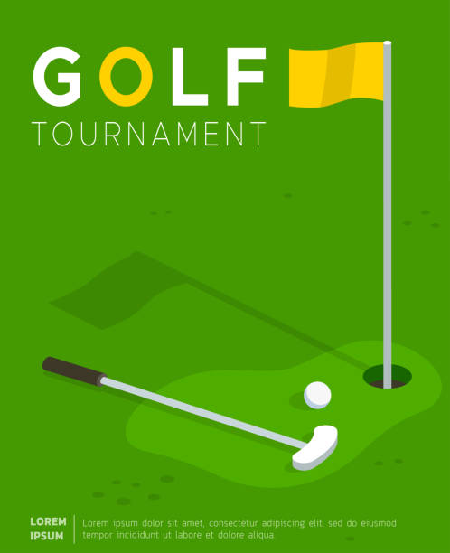 Golf tournament promo poster flat vector template Golf tournament flat vector promo poster or invitation flyer template. Putter golf club and ball lying on field lawn near flag in hole. Sport competition, international cup advertising leaflet design putting stock illustrations