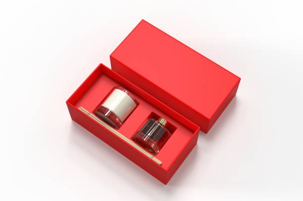 Blank Reed Diffuser Gift Set Boxed Aroma Rattan Stick Fragrance Scent Perfume For Template. 3d render illustration.