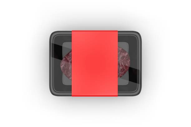 istock Meat food tray with blank paper label, 3d render illustration. 1199475287