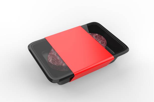 istock Meat food tray with blank paper label, 3d render illustration. 1199475289