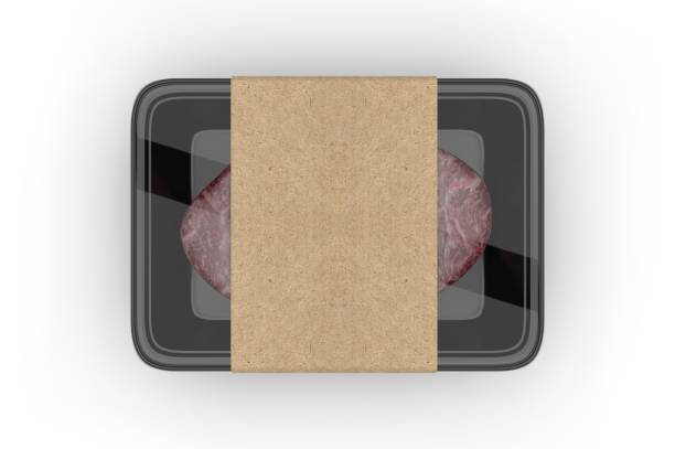 Meat food tray with blank paper label, 3d render illustration.