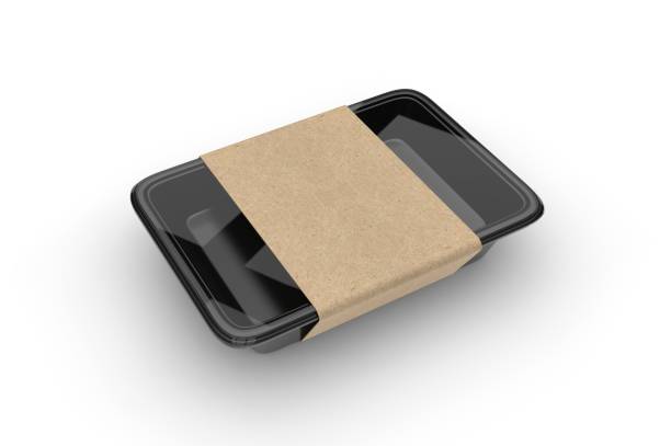 Meat food tray with blank paper label, 3d render illustration.