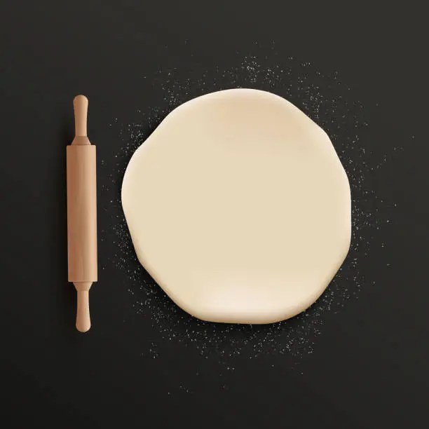 Vector illustration of Round piece of realistic dough and wooden rolling pin lying on black table
