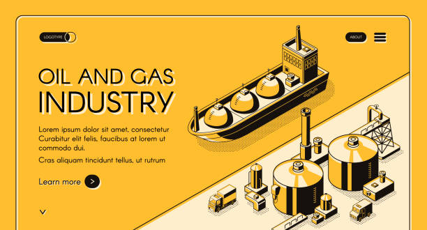 Petroleum refining company website vector template Oil and gas industry isometric vector web banner. Petroleum tanker, LNG carrier near oil refinery plant or natural gas terminal in sea port, line art illustration. Energy company landing page template landing touching down stock illustrations