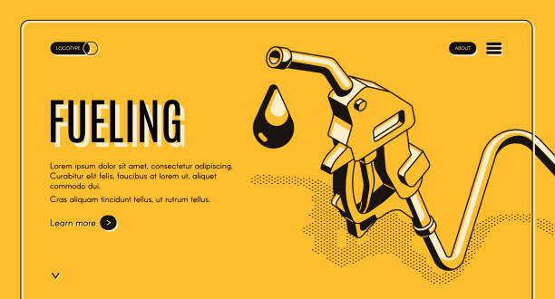 Fueling stations network website vector template Fueling gasoline or diesel isometric vector web banner. Fuel nozzle on hose and droplet of gas, ethanol or biodiesel, line art illustration. Filling stations network, petroleum company landing page fossil fuel stock illustrations