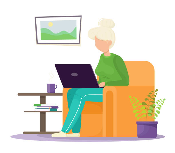 A modern grandmother sits in a chair at a computer and communicates online. Vector isolate in cartoon flat style. A modern grandmother sits in a chair at a computer and communicates online. Vector isolate in cartoon flat style. old ladies gossiping stock illustrations