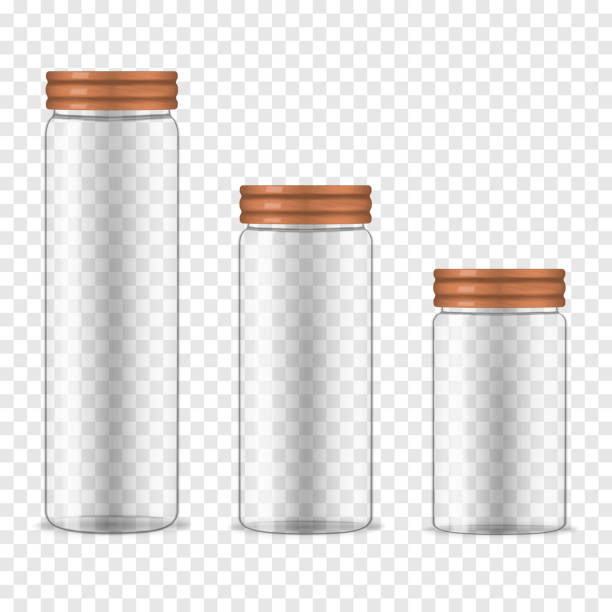 istock Clear glass storage jars with screw bamboo lids on transparent background, vector mockup set. Empty food canisters, realistic illustration 1199477385
