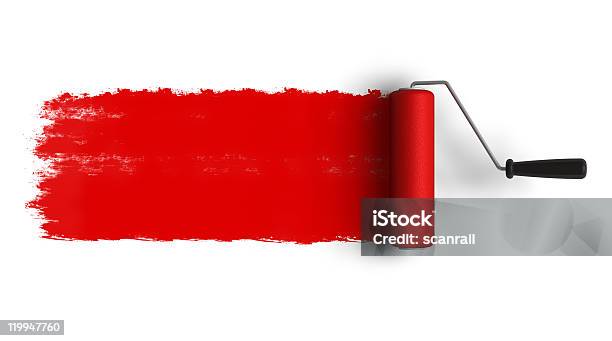 Roter Roller Pinsel Mit Farbe Trail Stockfoto und mehr Bilder von Farbroller - Farbroller, Malfarbe, Anstreicher